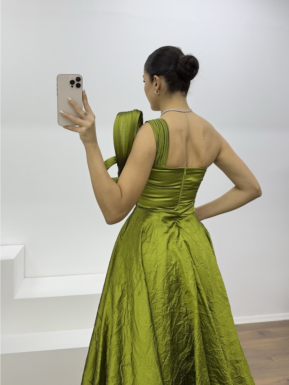 One-Shoulder Olive Green Ball Gown Dress - Picture 2 of 3